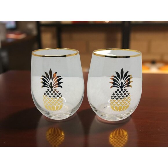vintage gold trim golden pineapple stemless Highball glasses - Picture 2 of 9